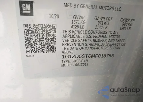 2021 Chevrolet Malibu Fwd Lt из США, поврежденный, VIN 1G1ZD5ST6MF018756